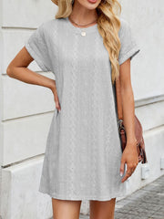 Light Gray eyelet mini dress with diamond pattern, crew neck, and short sleeves.