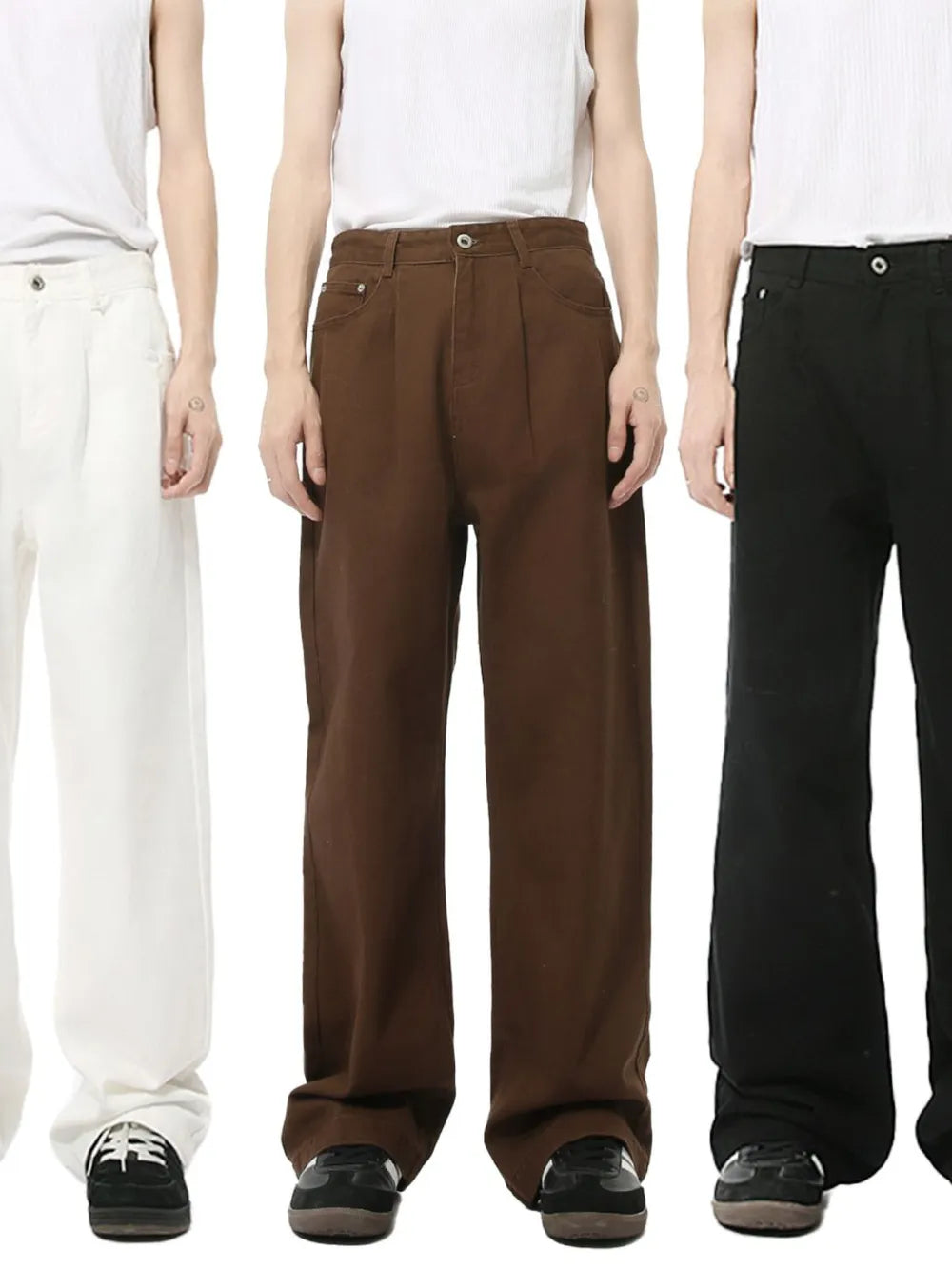 Pleated denim wide-leg trousers in black, chocolate, and ivory.