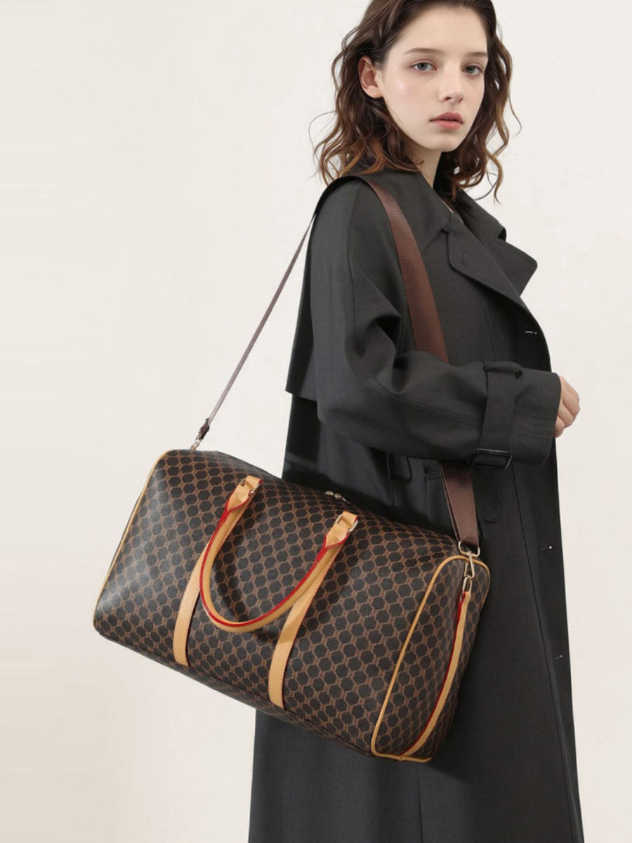 tan duffle bag featuring reinforced handles and geometric