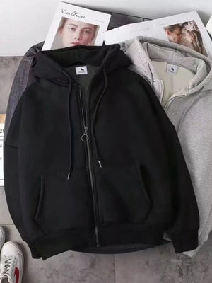 Black fleece-lined zip-up hoodie with drawstring hood and front pockets.