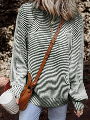Relaxed ribbed knit sweater with boat neck and stripe pattern in green and white.