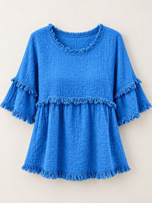 Light Blue blouse with raw hem and short sleeve