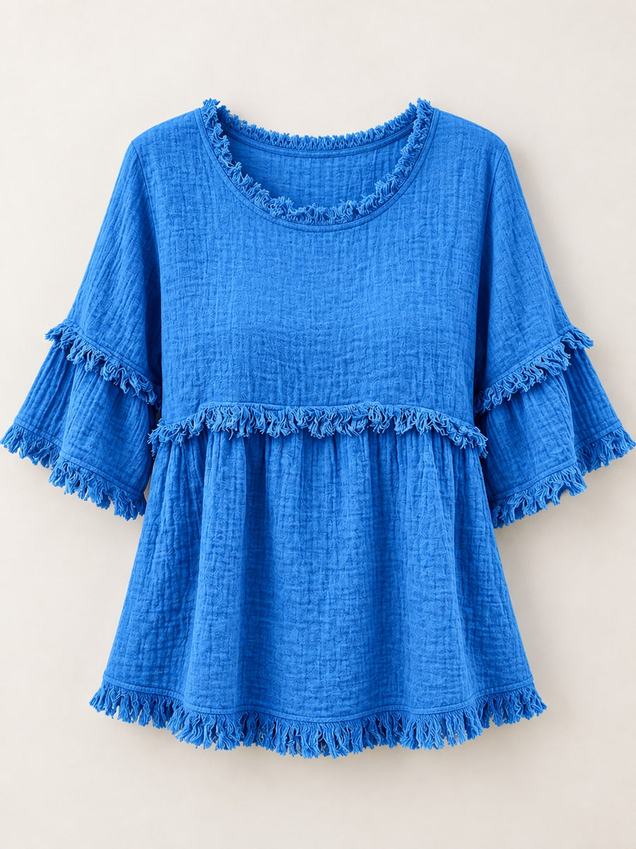 Light Blue blouse with raw hem and short sleeve