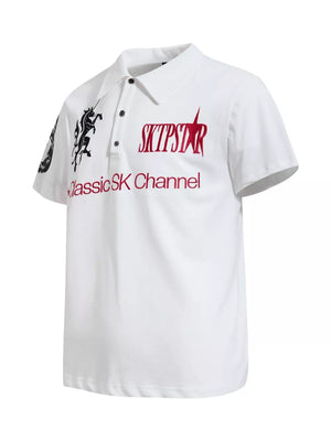 White cotton polo shirt with embroidered mythical creature and text details.
