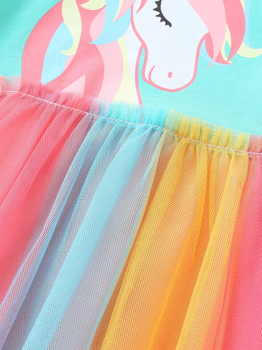 Girls' turquoise unicorn graphic t-shirt dress with rainbow tulle skirt.