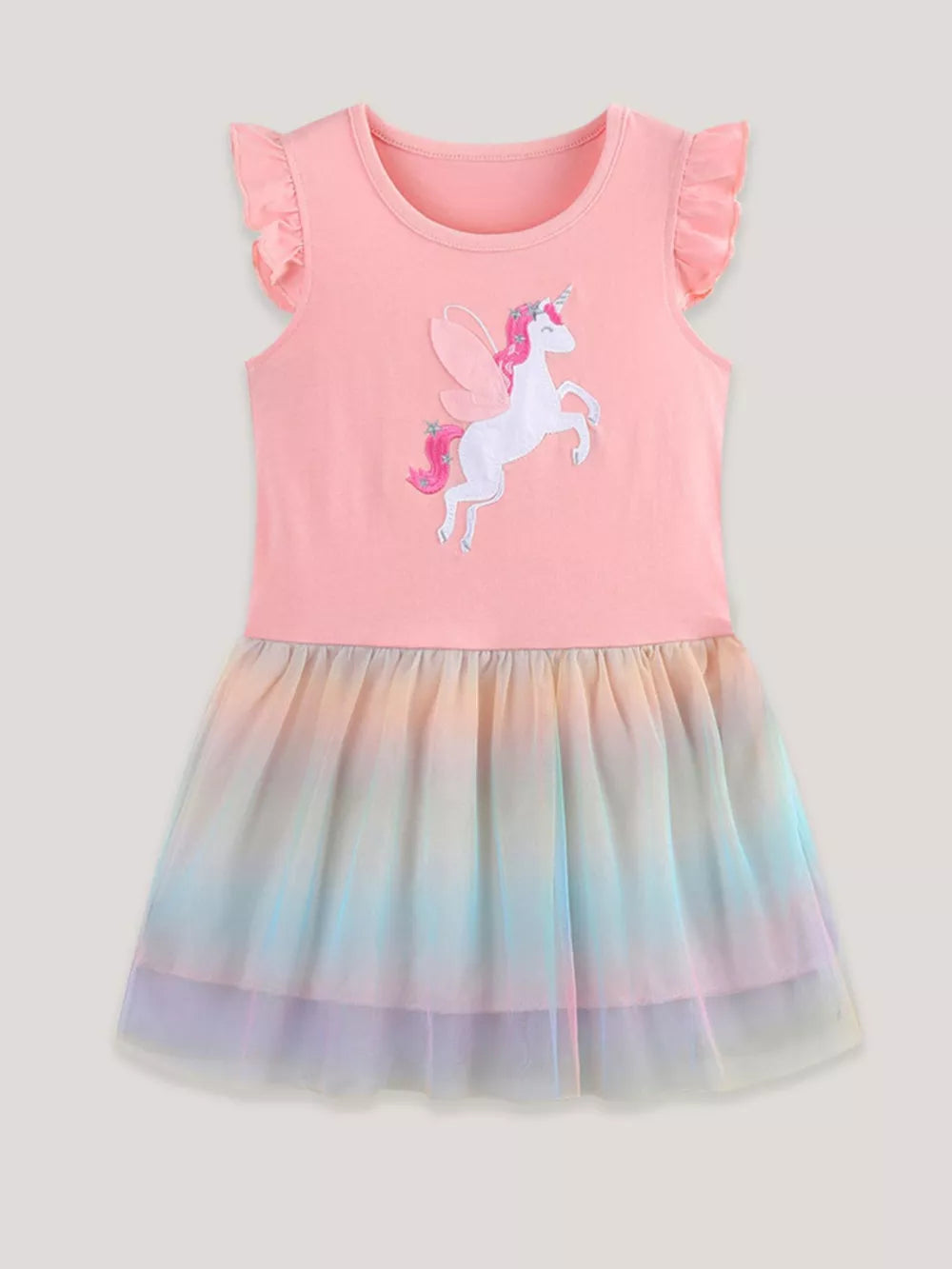 Pink baby dress with unicorn applique and rainbow tulle skirt.