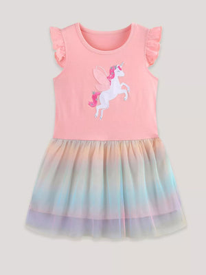 Pink baby dress with unicorn applique and rainbow tulle skirt.