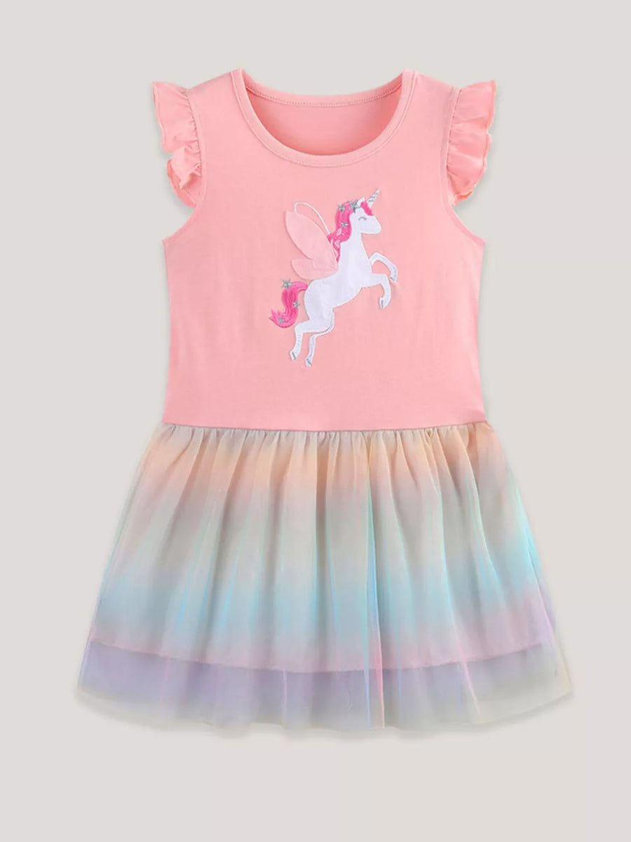 Pink baby dress with unicorn applique and rainbow tulle skirt.