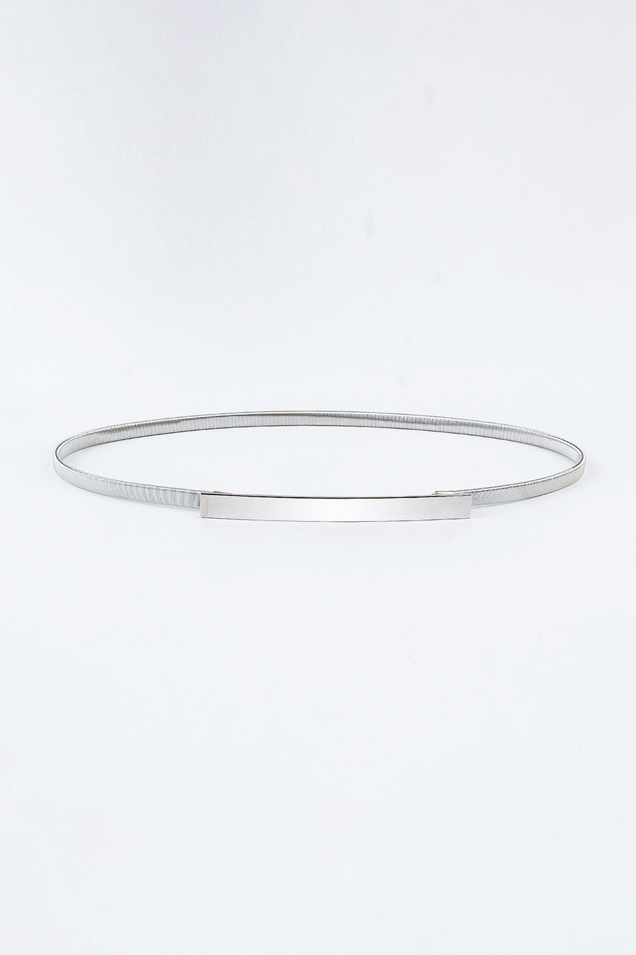 Slimline silver metal waist belt with a rectangular buckle detail.