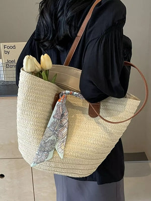 Beige White Straw Woven Shoulder Bag
