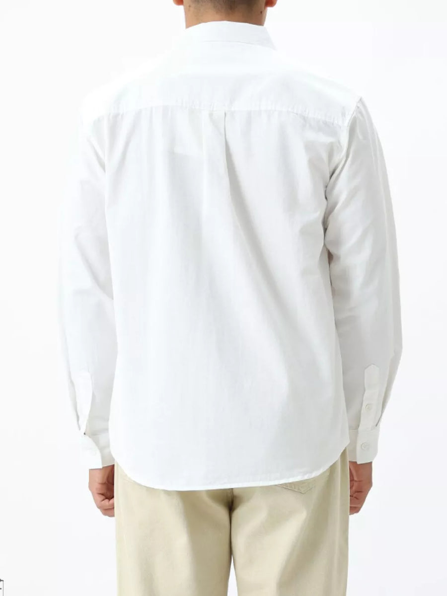 Men's white cotton button-down shirt with long sleeves and button cuffs, shown from the back.