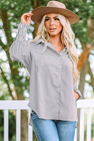 Pinstripe blouse with balloon sleeves and smocked cuffs, shown in Mid Gray.