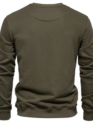Army green crewneck sweatshirt with subtle patch detail on back yoke.