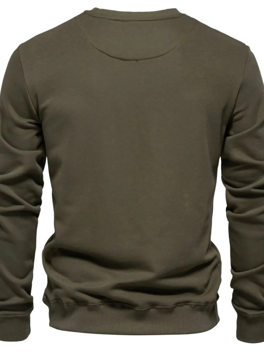 Army green crewneck sweatshirt with subtle patch detail on back yoke.