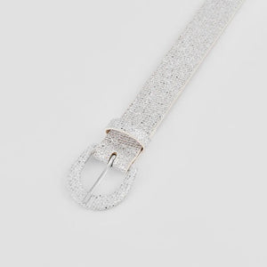 Silver glitter micro-studded belt with a silver buckle.
