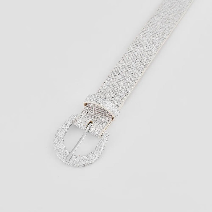 Silver glitter micro-studded belt with a silver buckle.