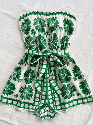 Green floral tie-waist strapless maternity romper with a playful print.