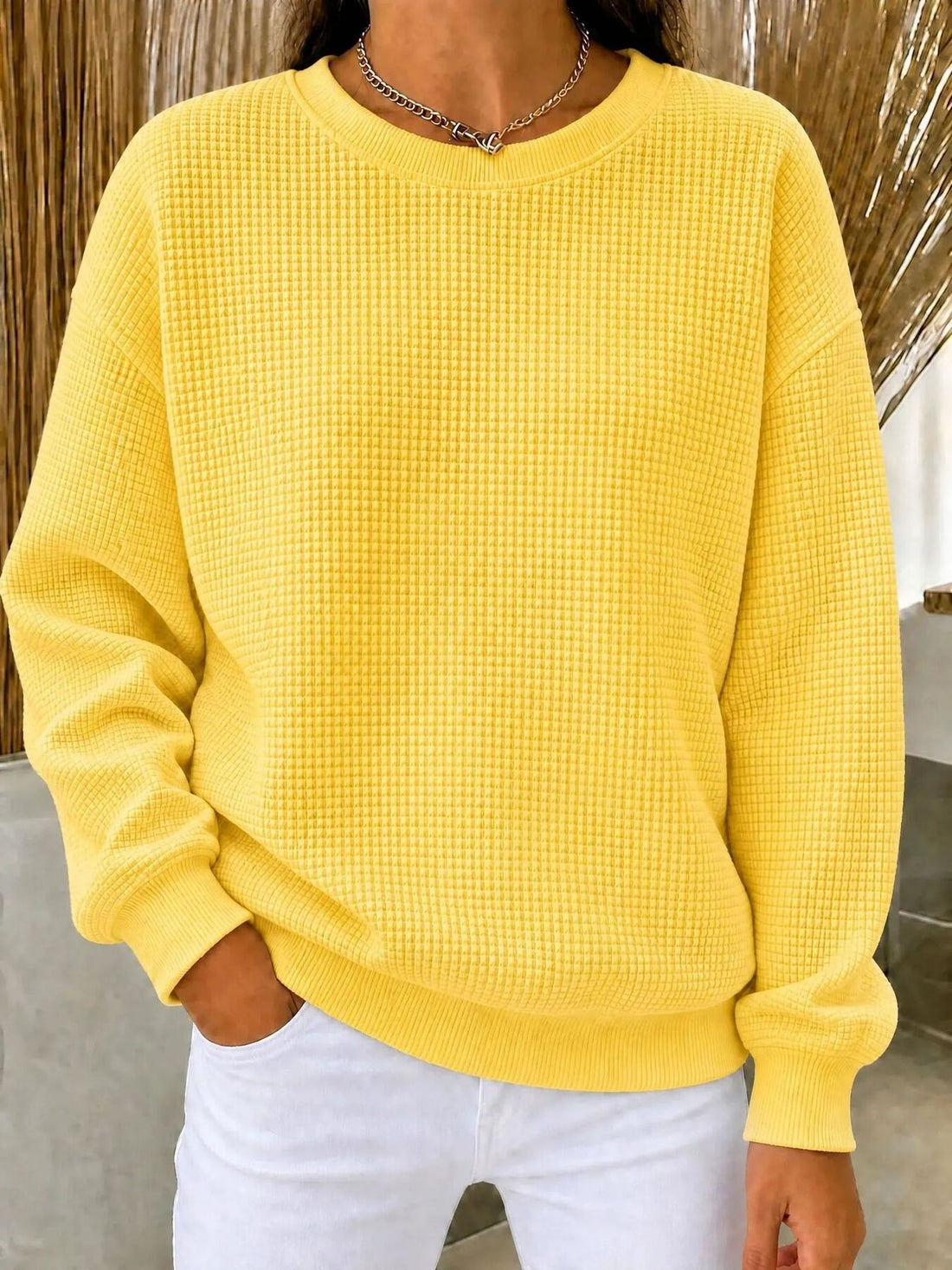 bright yellow sweatshirt with waffle knit and crew neck