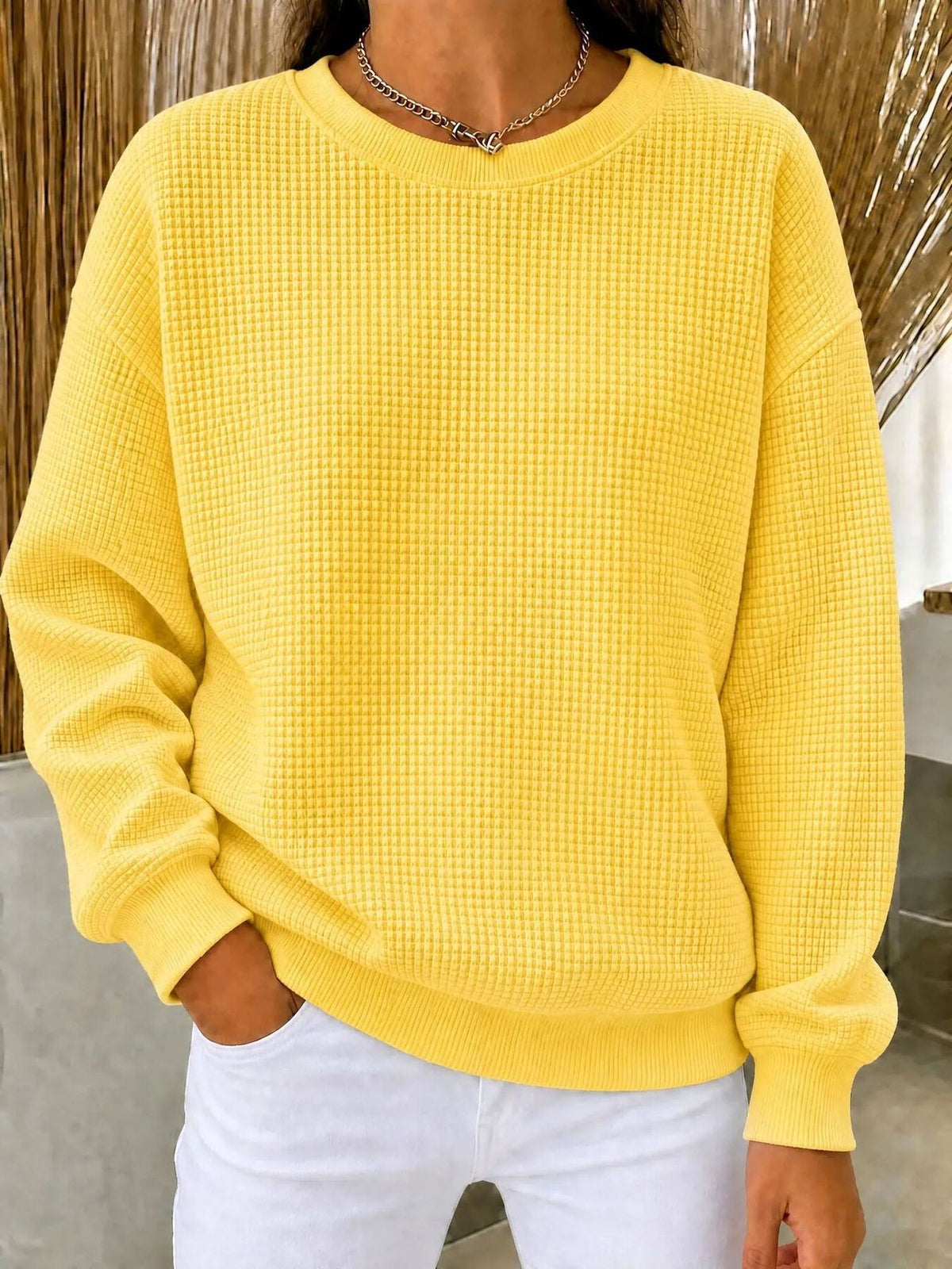 bright yellow sweatshirt with waffle knit and crew neck