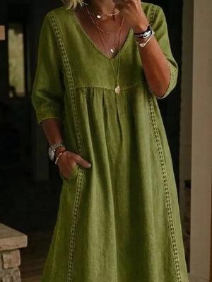 Yellow Full Size V-neck 3/4 Sleeve Midi Dress Plus Size