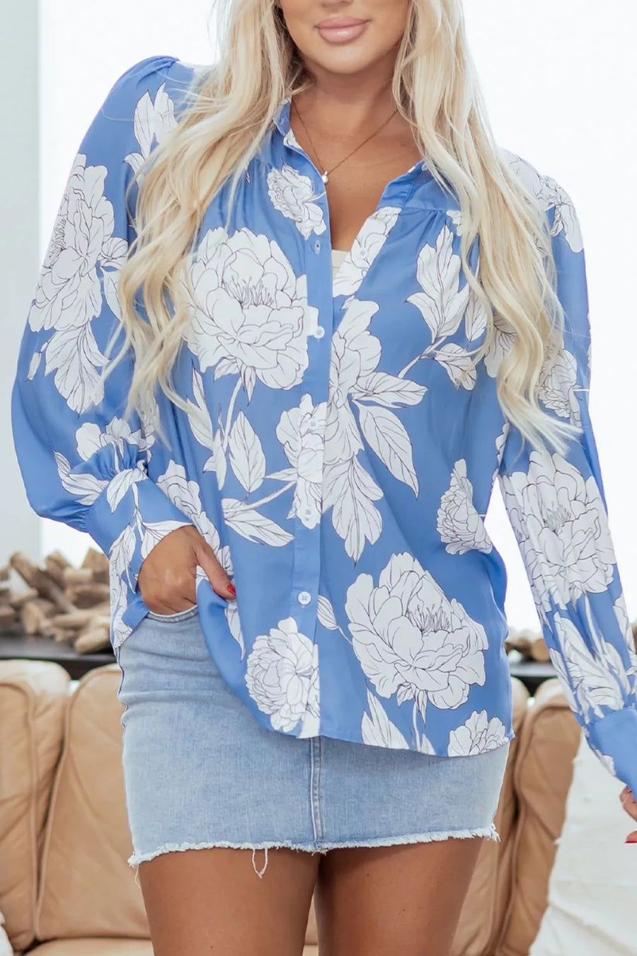 Floral Print Button-up Shirt in Blue