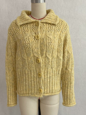 Collared Cable-Knit Button Up Cardigan in Pink with cable-knit