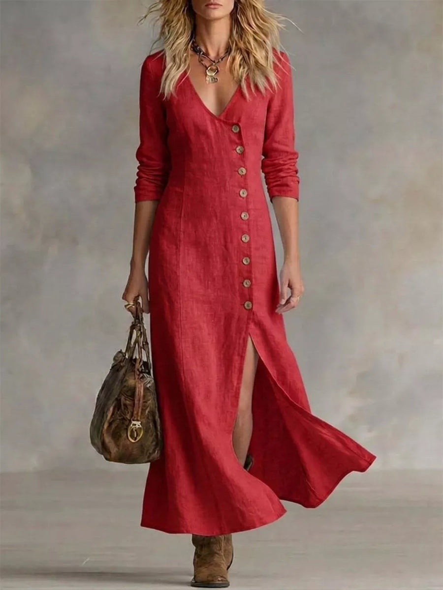 Red button-down maxi dress with V-neck and side slit, styled with a bag and boots.
