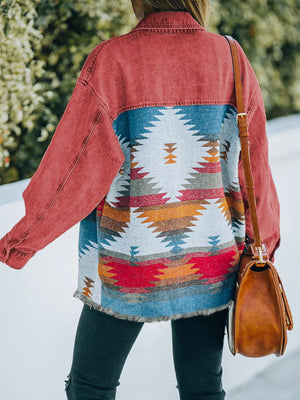 Oversized denim trucker jacket in strawberry with Aztec print back panel and frayed hem.