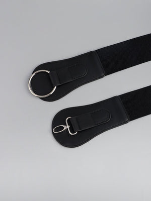 Black elastic cincher belt with silver buckle and clasp detail