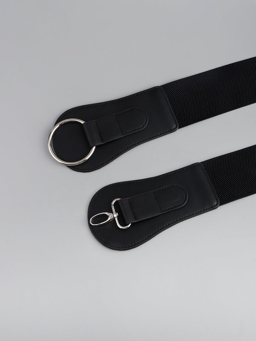 Black elastic cincher belt with silver buckle and clasp detail