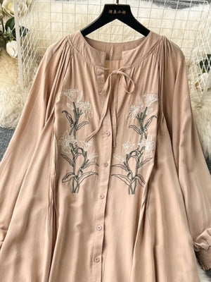 Khaki embroidered floral maxi dress with tie neck and button front