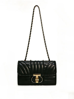 Quilted Chain Shoulder Bag With Metallic Lock in Black with quilted