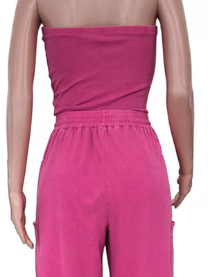 Pink strapless tube top and wide-leg pants set with elastic waistband and side pockets.