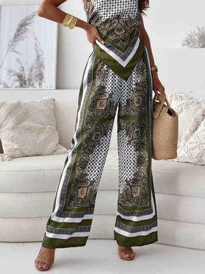 Chic printed cami and wide-leg pants set in green paisley and polka dot pattern.