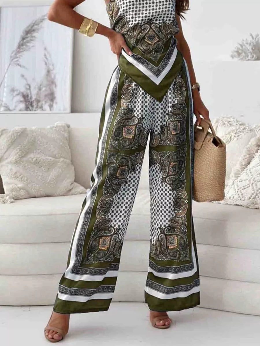 Chic printed cami and wide-leg pants set in green paisley and polka dot pattern.