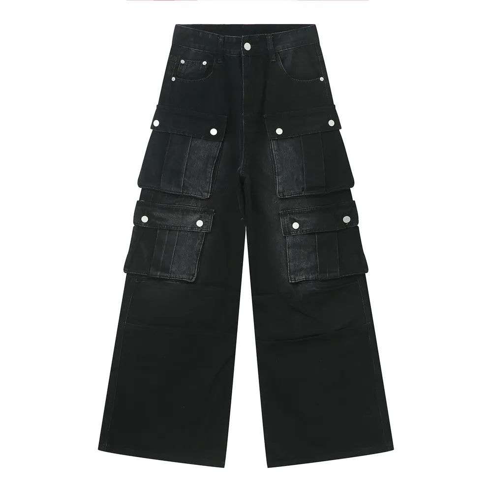 Dark denim wide-leg cargo pants with multiple utility pockets and button closures.