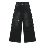 Dark denim wide-leg cargo pants with multiple utility pockets and button closures.
