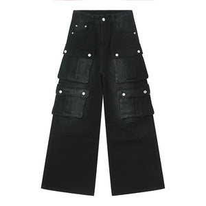 Dark denim wide-leg cargo pants with multiple utility pockets and button closures.
