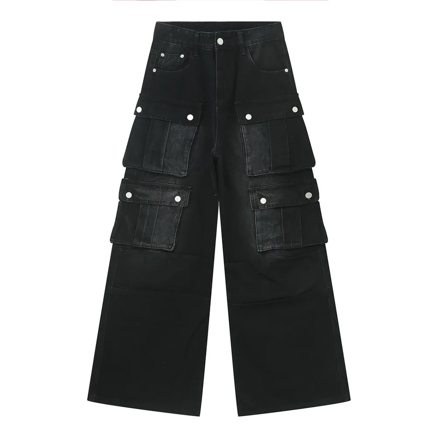 Dark denim wide-leg cargo pants with multiple utility pockets and button closures.