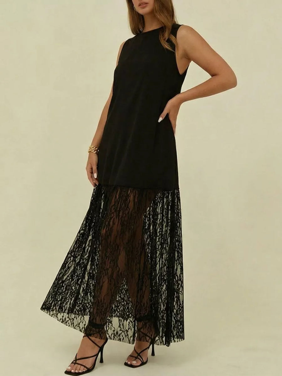 Black sleeveless maxi dress with lace trim skirt and high neckline.