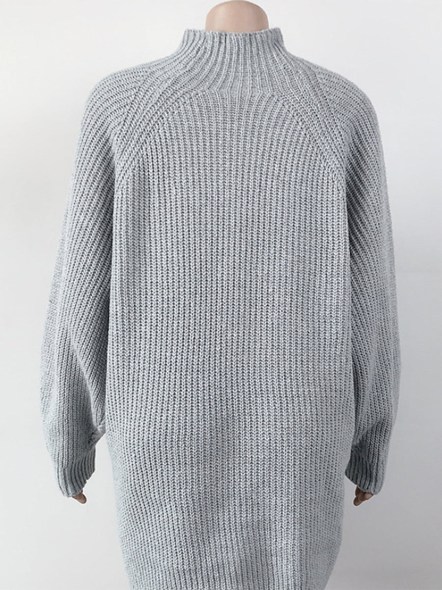 Cloudy Blue ribbed knit cocoon turtleneck dress with long sleeves.