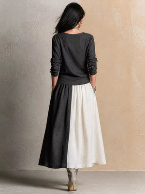 cream blouse and maxi skirt set featuring buttoned and color-block