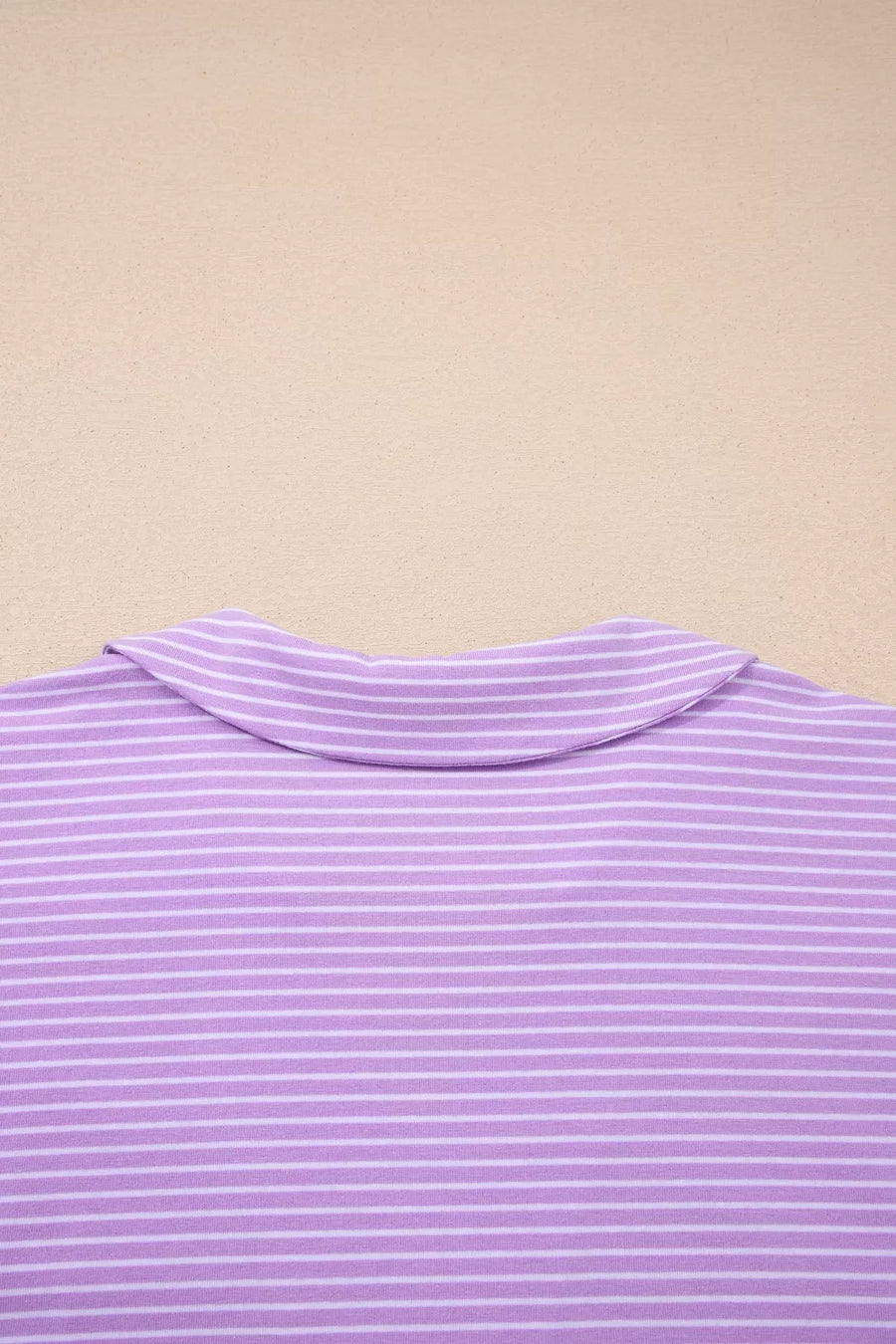 Purple striped polo shirt collar detail, cotton loungewear.
