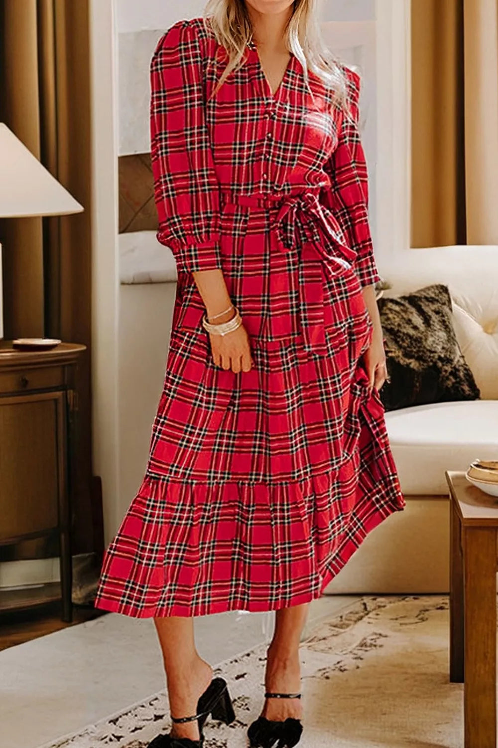 Deep Red with Christmas Plaid V Neck Tie Waist Midi Dress in Deep Red