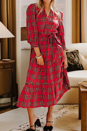 Deep Red with Christmas Plaid V Neck Tie Waist Midi Dress in Deep Red