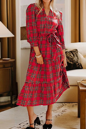 Deep Red with Christmas Plaid V Neck Tie Waist Midi Dress in Deep Red