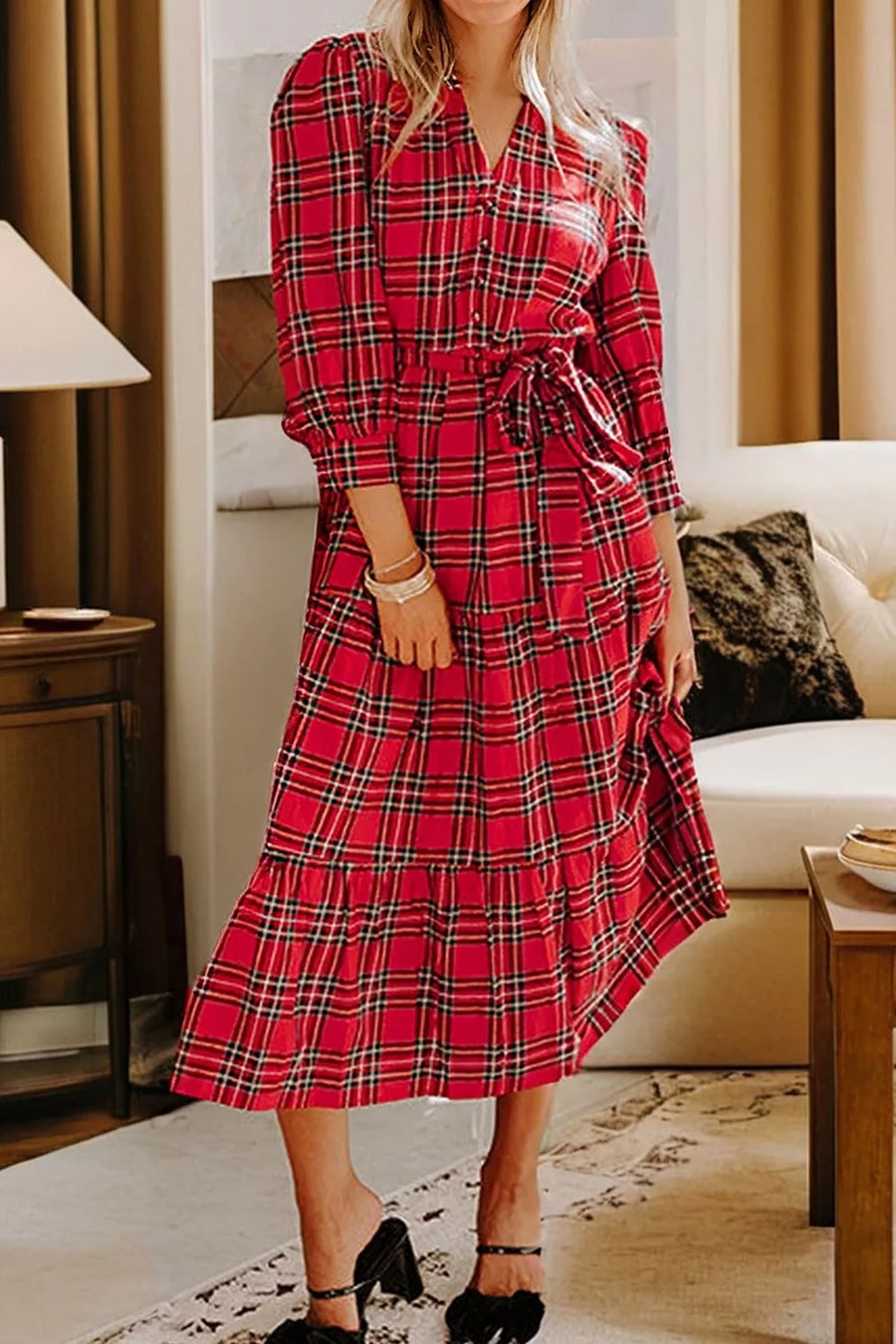 Deep Red with Christmas Plaid V Neck Tie Waist Midi Dress in Deep Red