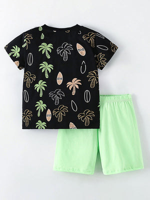 Black tropical print toddler tee and light green shorts set, cotton.