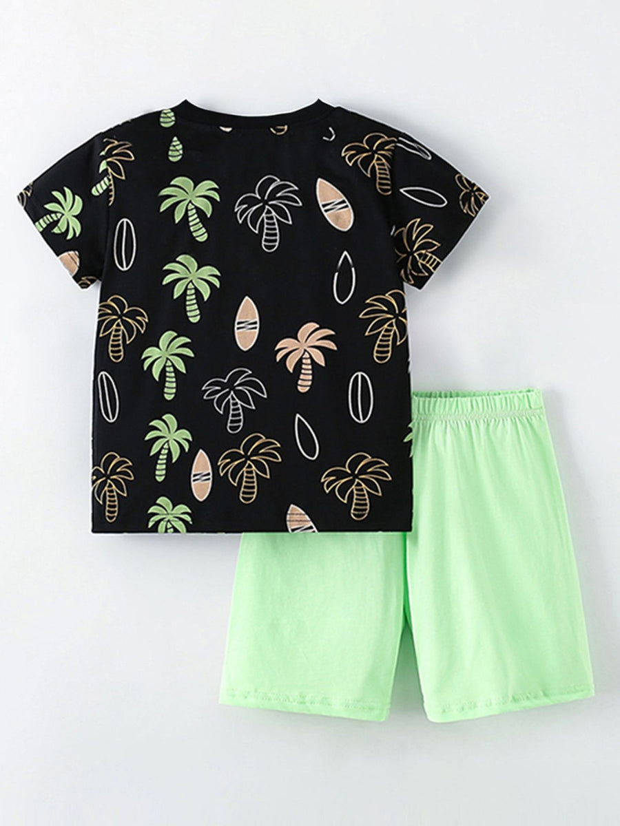 Black tropical print toddler tee and light green shorts set, cotton.