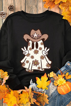 Black crewneck sweatshirt with a cowboy ghost graphic wearing a brown hat and holding peace signs.